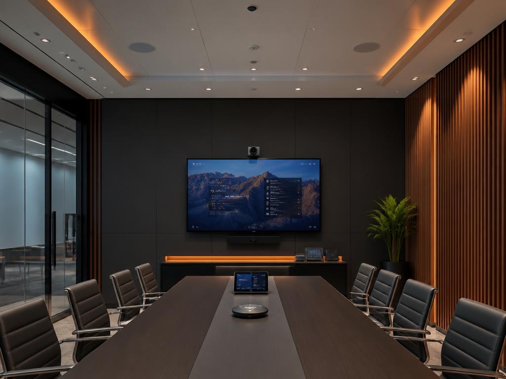 Sala de reunião com áudio e vídeo integrados — Áudio e Vídeo